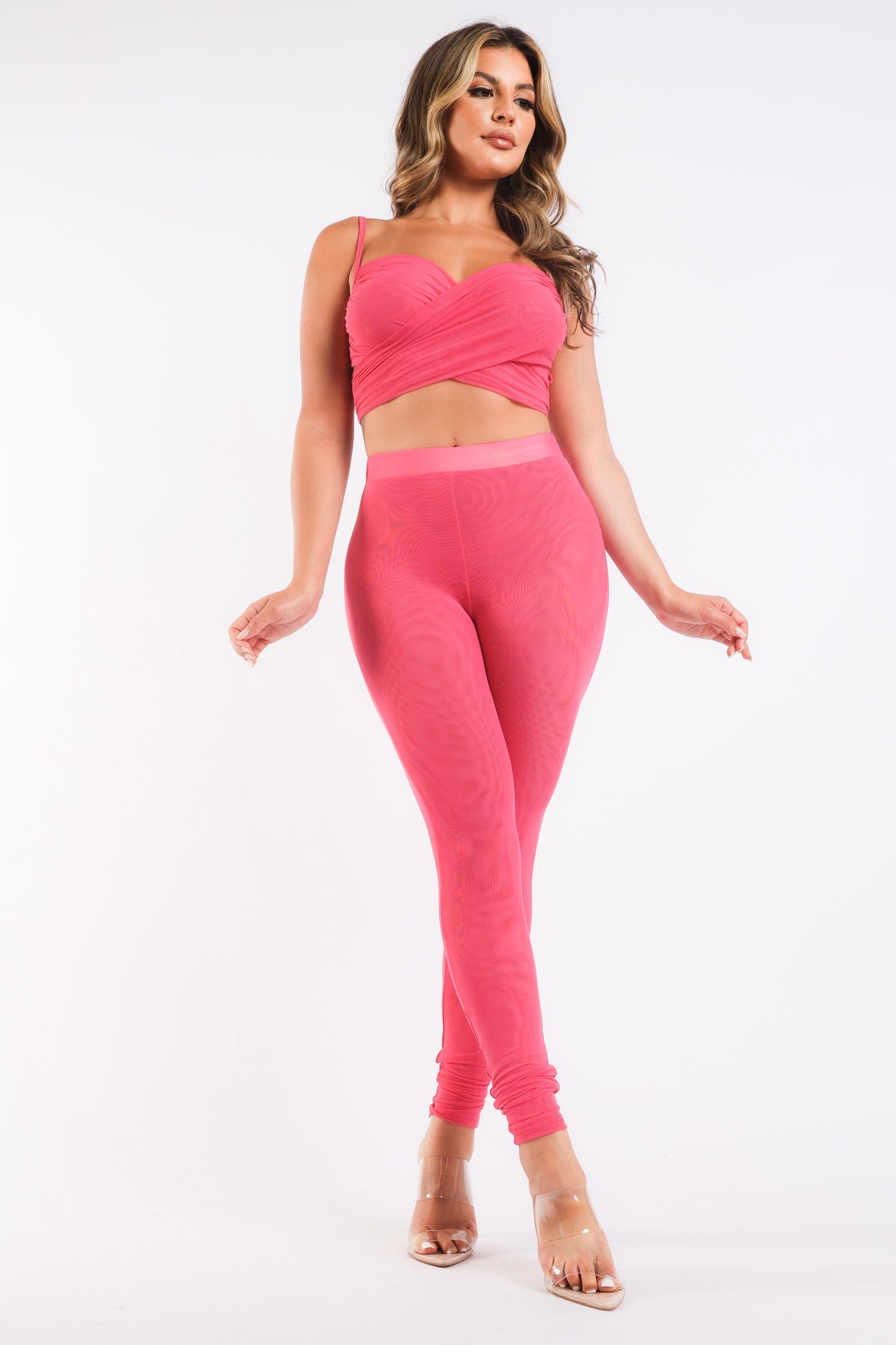 Image of Mesh Contrast Sets Casual Sports Strappy Sleeve Top Leggings Fuchsia 134456565 from Edmene LLC