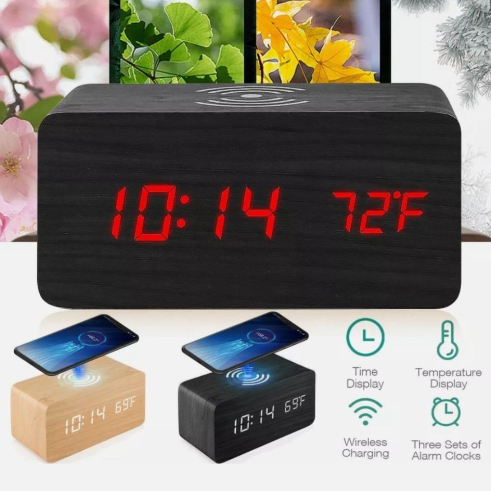 Image of Wooden Digital Alarm Clock With Wireless Phone Charging Pad 1512349312 from Edmene LLC