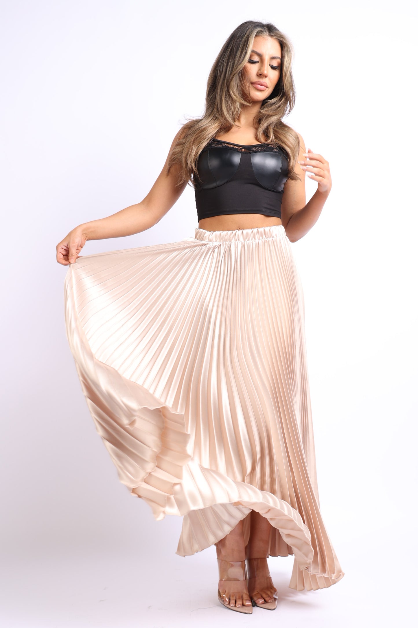 Image of Elastic High Waist A Line Pleated Satin Maxi Skirt Taupe 1623040582 from Edmene LLC
