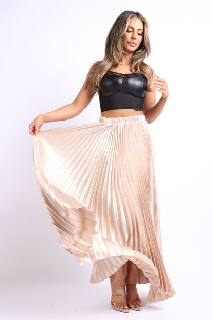 Image of Elastic High Waist A Line Pleated Satin Maxi Skirt Taupe 1623040582 from Edmene LLC
