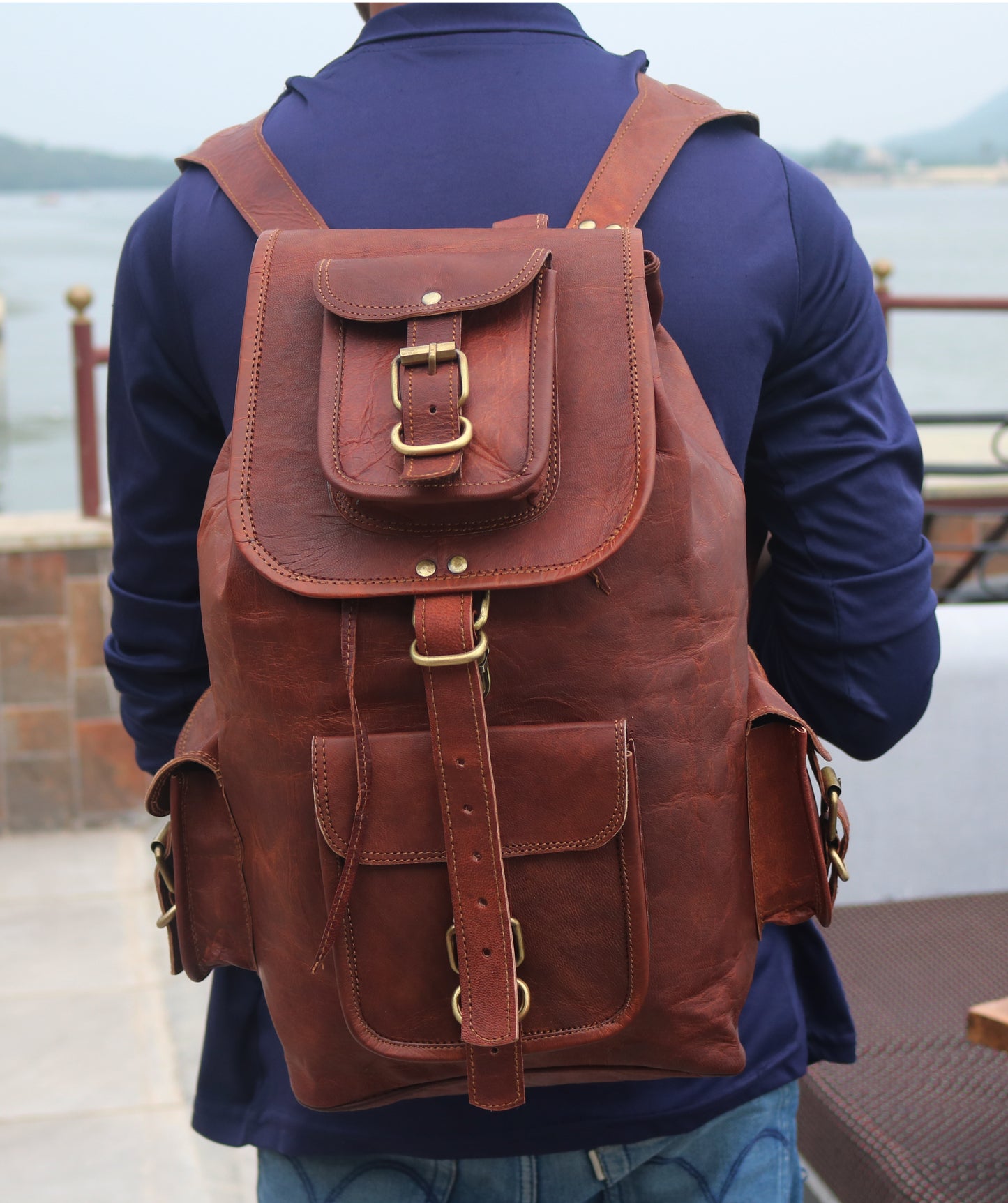 Image of ANUENT Handmade Leather Travel Rucksack Backpack. from Edmene LLC