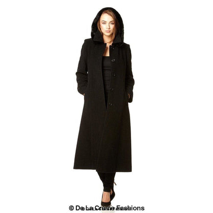 Wool Blend Faux Fur Trim Hooded Long Coat