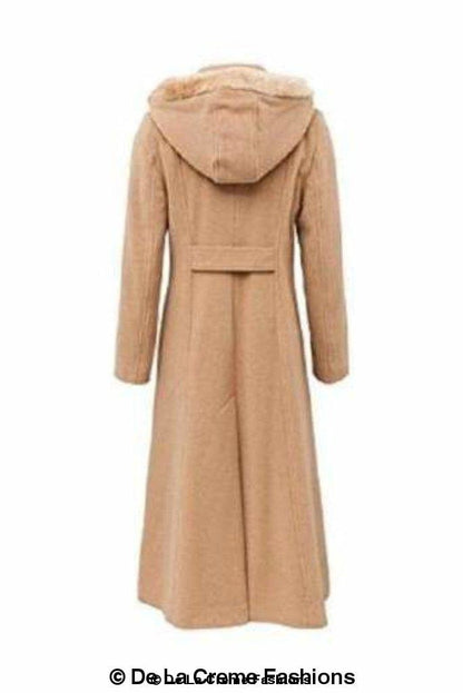 Wool Blend Faux Fur Trim Hooded Long Coat