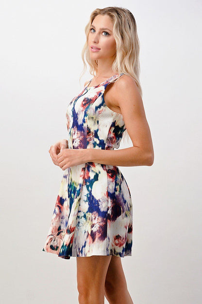 Image of Sleeveless A Line Dress With Watercolor Floral Print 567922870 from Edmene LLC