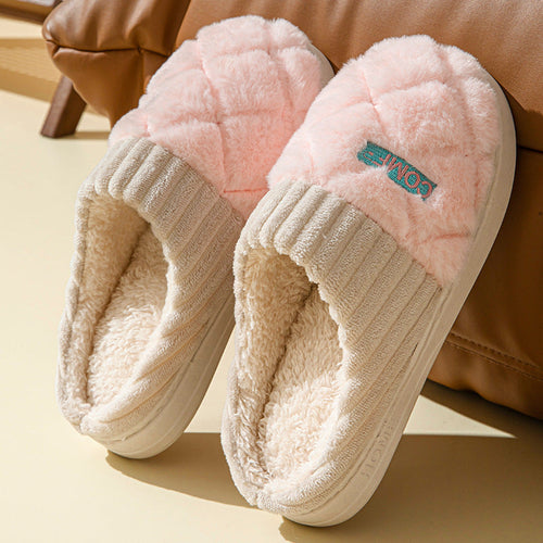 Image of Solid Rhombic Letter Home Slippers Winter Warm Non Slip Floor Bedroom Plush Slipper For Couple House Shoes Women Men 1221877110 from Edmene LLC