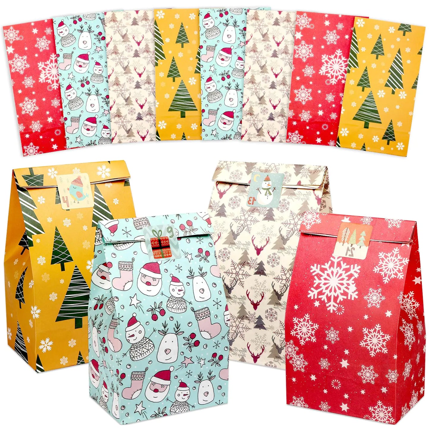Comkrivy 32 Pack Christmas Treat Bags with Sealing Stickers Christmas Goodie Bags Christmas Paper Bags in 4 Designs Christmas Gift Bags for Kids Classrooms Party Favors Kraft Holiday Goody