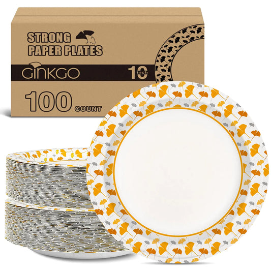 Ginkgo Paper Plates 10 Inch Bulk 100 Count Heavy Duty Disposable Thanksgiving Plates and Fall Friends Party Paper Plates and Daily Use
