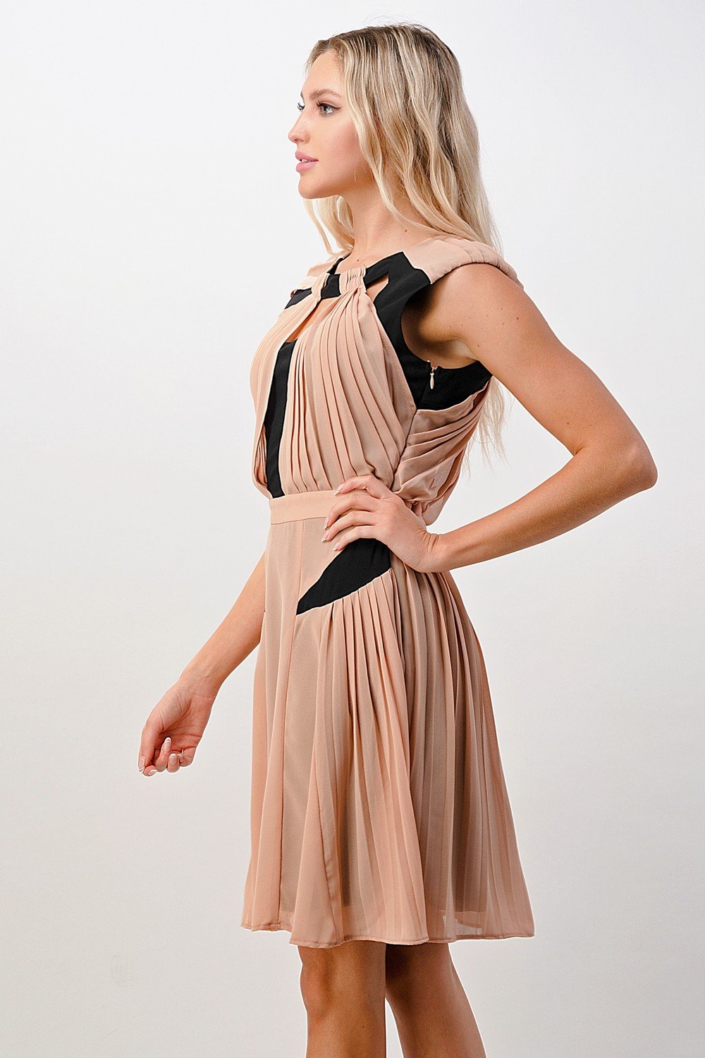 Image of Pleated Cutout Midi Dress With Contrast Panels 319125227 from Edmene LLC