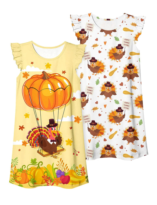 UNIFACO Girls Thanksgiving Nightgowns 5t 6t 2pcs Turkey Nightie Pumpkin Flutter Sleeve Night Gowns Fall Harvest Soft Sleepwear
