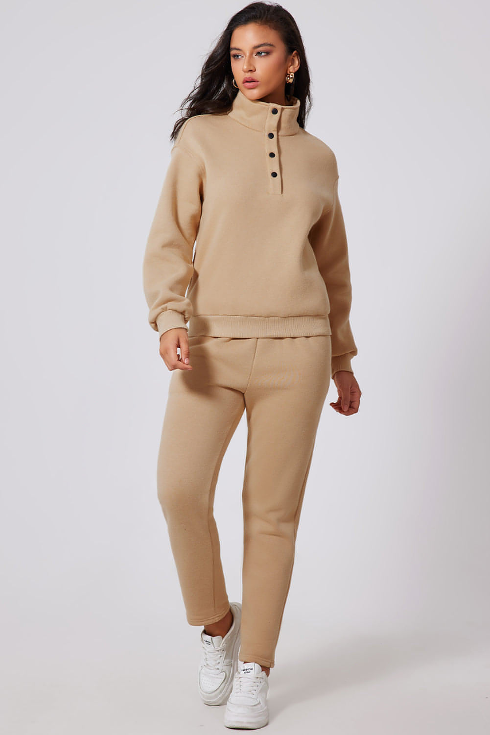 Image of Parchment Solid Half Button Sweatshirt And High Waist Sweatpants Set 15886501 from Edmene LLC