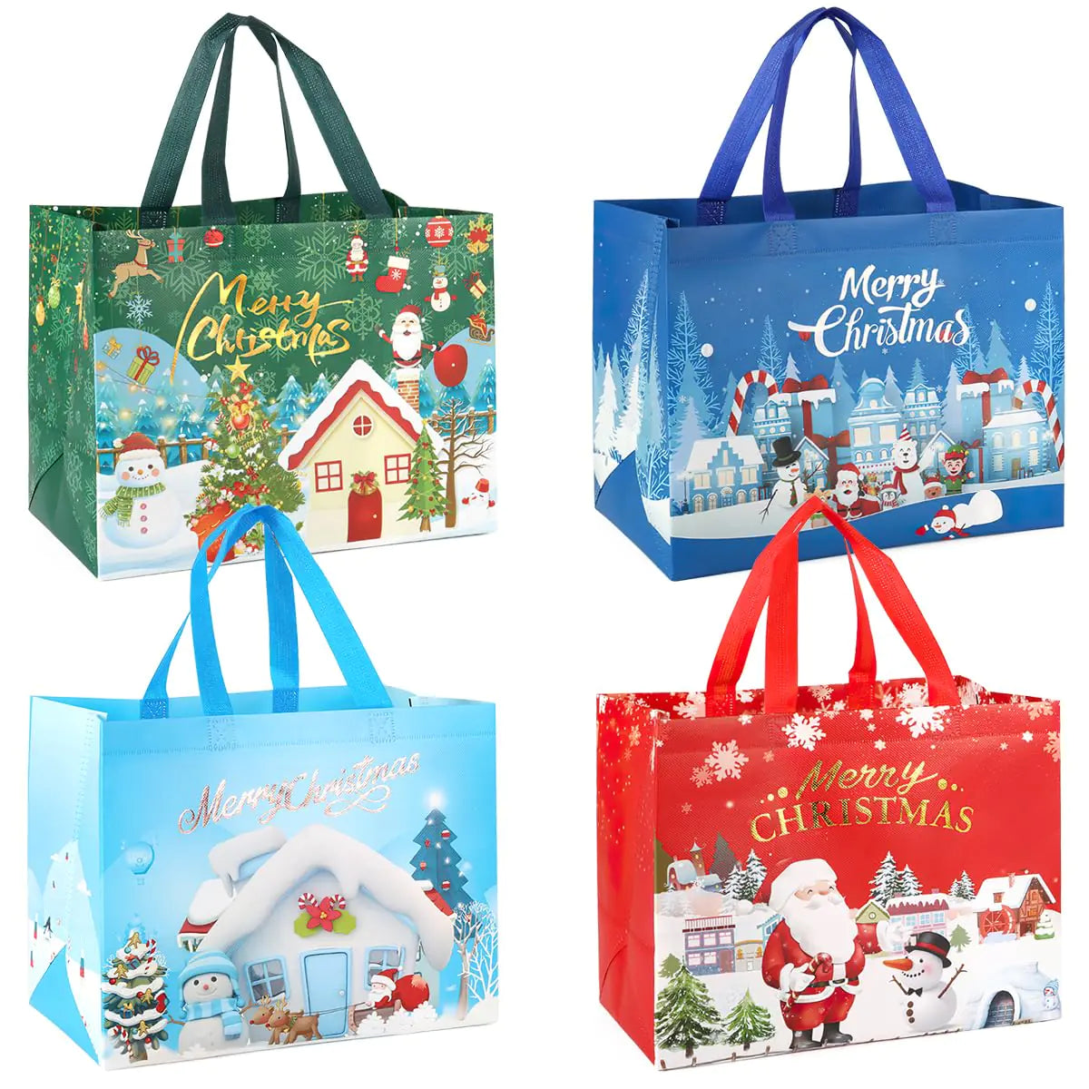 PARSUP 4PCS Christmas Bronzing Gift Bags Christmas Tote Bags with Handles Bronzing Christmas Treat Bags Non-Woven Christmas Bags for Gifts Wrapping Shopping Xmas Party Supplies 12.8 × 9.8 × 6.7"