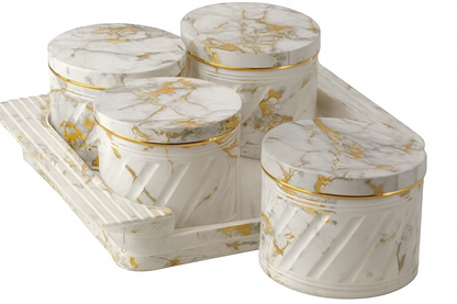 Pure White Marble Design Ceramic Storage Jar Set with Tray – 4-Piece,