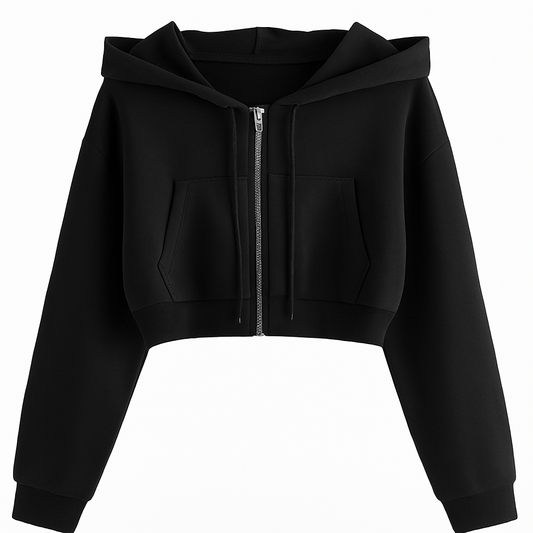Image of Cropped Zipper Hoodie for Women-Black (Size-M) from Edmene LLC