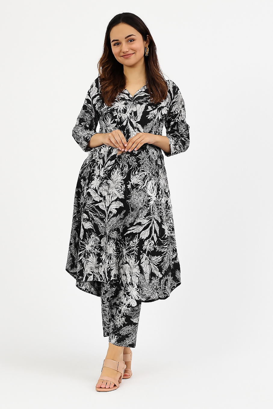 Image of Elegant Floral Printed Kurta Set for Women-Black & White ... from Edmene LLC