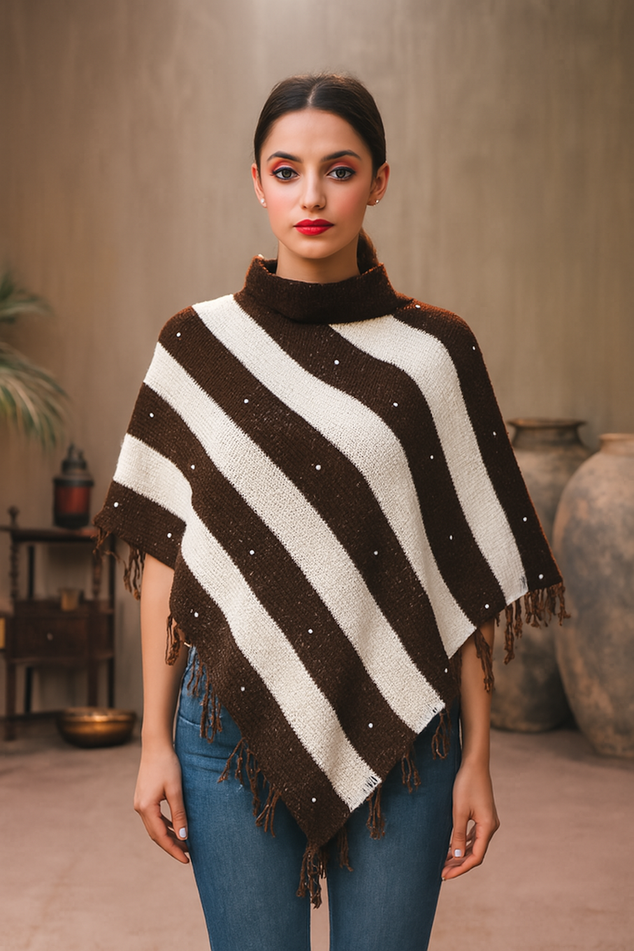 Women & Girls Poncho for winters | Beautiful design poncho-Brown &
