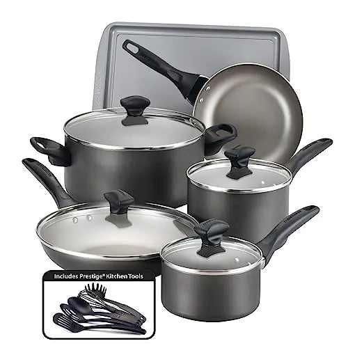Farberware Dishwasher Safe Nonstick Cookware Pots and Pans Set 15 Piece Pewter