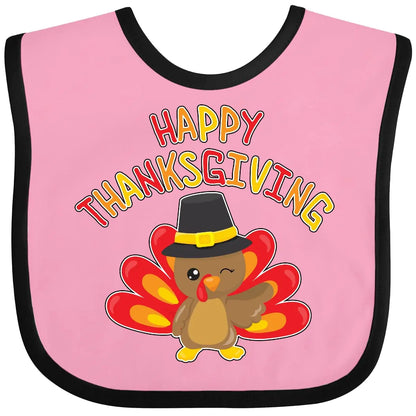 inktastic Happy Thanksgiving- Cute Turkey in Pilgrim Hat Baby Bib Pink and Black 2c661