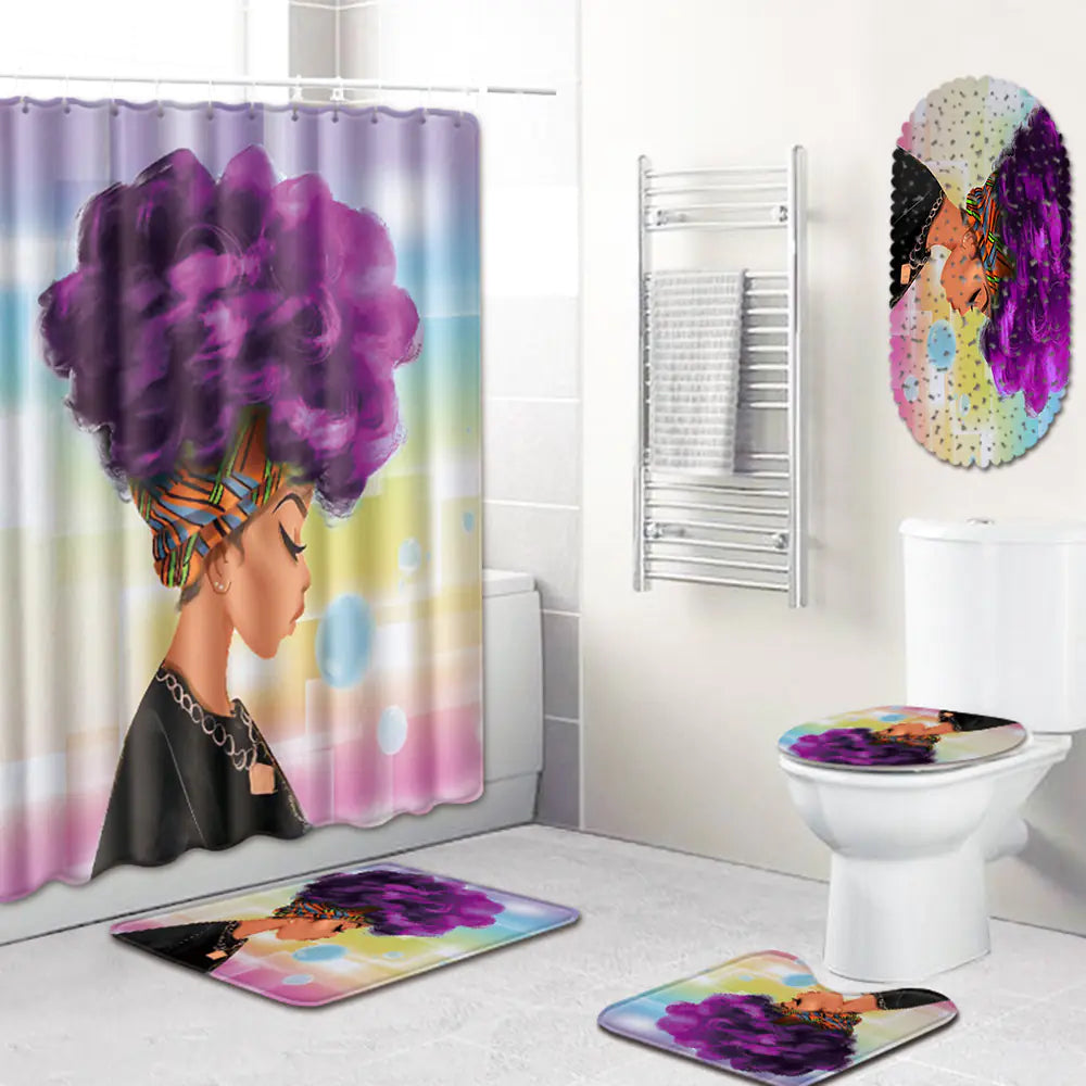 African Woman Bathroom Set with Shower Curtain and Mats