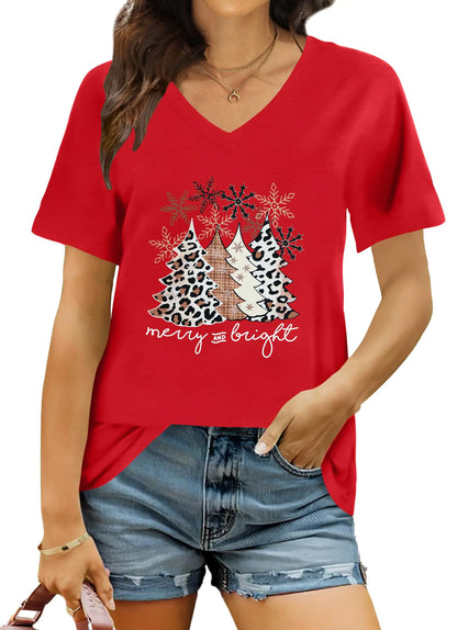 Ithalt Christmas Tree Tshirt Women Xmas Leopard Christmas Tree T-Shirts Funny Christmas Tshirts Xmas Tops(TreeRed1 Small)