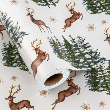 Merture Christmas Wrapping Paper Roll - 17 In X 32.8 Ft (46.5 sqft.) Christmas Gift Wrap with Watercolor Reindeer & Christmas Tree Design for Christmas New Year Celebration