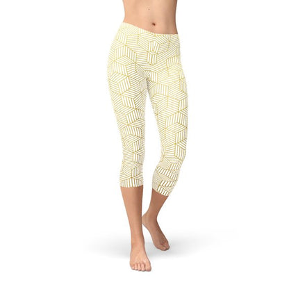 Image of Womens White Capri Leggings w/ Geometric Cubes from Edmene LLC