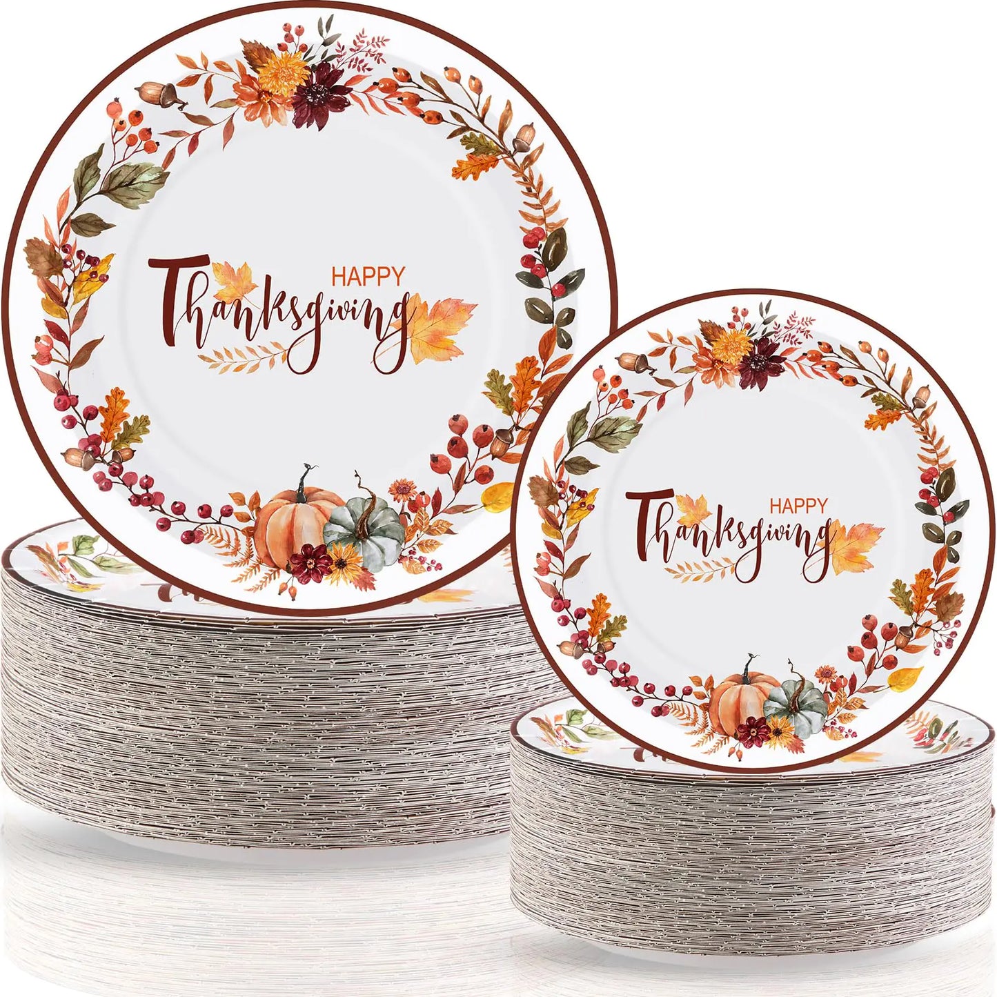Havawish 120 Pcs Thanksgiving Fall Paper Plates 7 Inch and 9 Inch Autumn Harvest Disposable Dinner Paper Goods Fall Leaf Pumpkin Dinnerware Thanksgiving Party Supplies(Basic ColorHappy Thanksgiving)