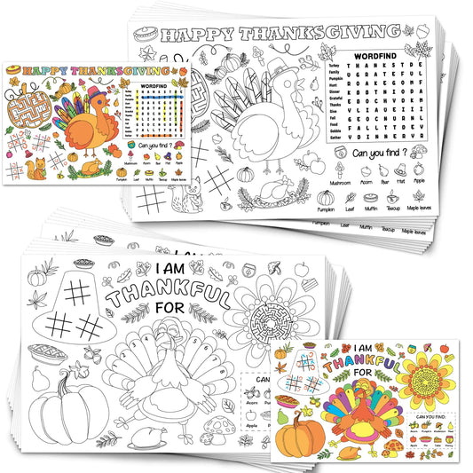 Fall Thanksgiving Placemats for Kids to Color - Disposable Thanksgiving Coloring Placemats Turkey Coloring Activity Paper Place Mat for Thanksgiving Decor Dinner Table Kids School Crafts Party 24Pcs