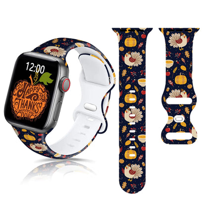 Fall Thanksgiving Watch Band Compatible with Apple Watch Bands 45mm 44mm 42mm Stylish Adjustable Soft Silicone Cute Turkey Autumn Pumpkins Printed Replacement Strap for iWatch Ultra SE 7 6 5 4 3 2 1