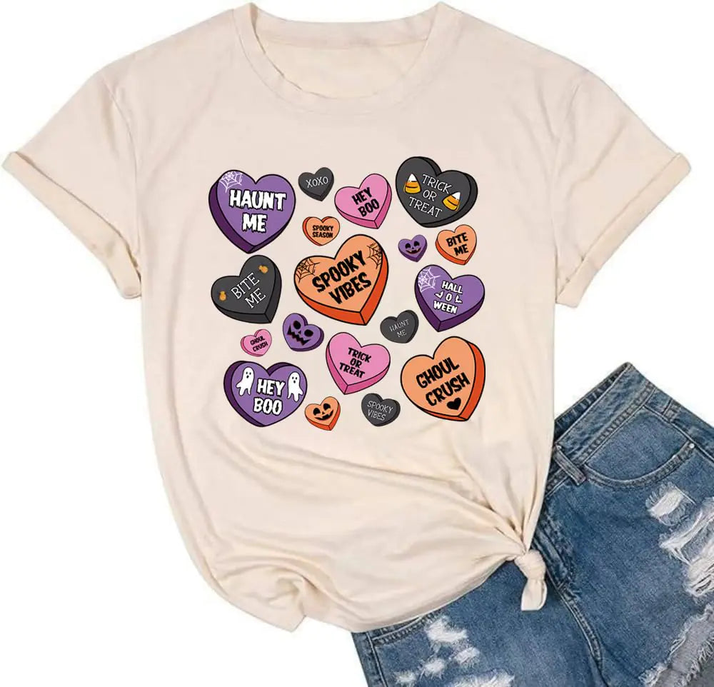 Halloweentown University T-Shirt for Women Fall Pumpkin Shirts Funny Halloween Thanksgiving Gift Tops (Heart/Beige L)