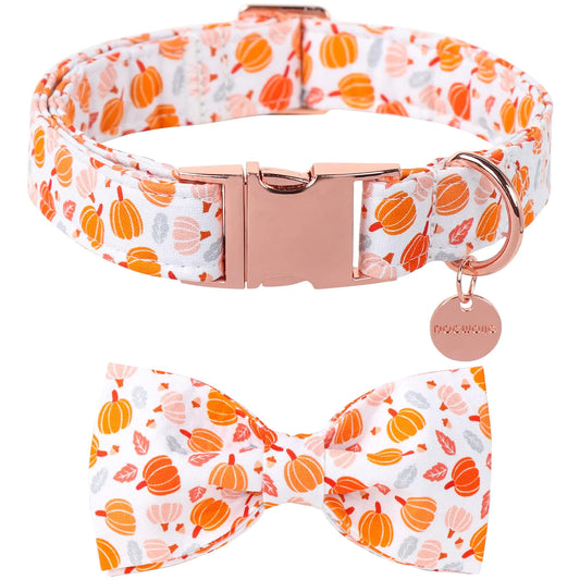 DOGWONG Halloween Pumpkin Dog Collar with Bow Cotton Fall Dog Collar Cute Comfortable Fall Bowtie Dog Collar Thanksgiving Necklace for Small Girl Boy Dog