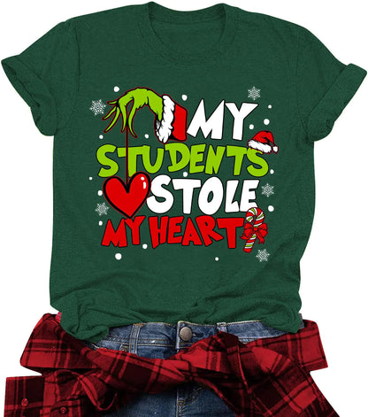 AMWIPE Christmas Shirts Women My Students Stole My Heart Christmas Tshirt Funny Merry Christmas Graphic Tee Tops Green