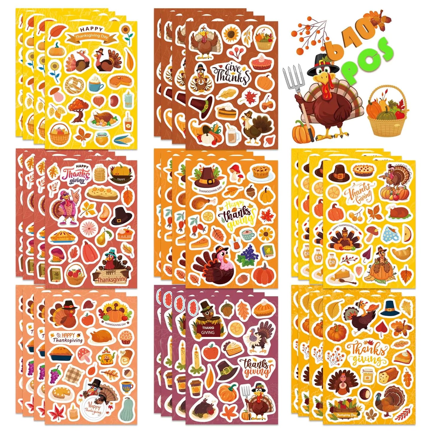 Happy Thanksgiving Fall Stickers 640PCS Autumn Stickers for Kids Thanksgiving Maple Leaves Stickers Autumn Stickers for Thanksgiving Theme Party Supplies Envelopes Cards Decorations