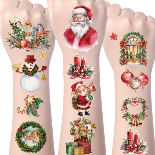 Yoyuspy Christmas Temporary Tattoos Stickers - 200+ Vintage Christmas Fake Tattoos Christmas Party Decorations Santa Claus Temporary Tattoo Gifts Holiday Christmas Party Favors Supplies for Kids Women