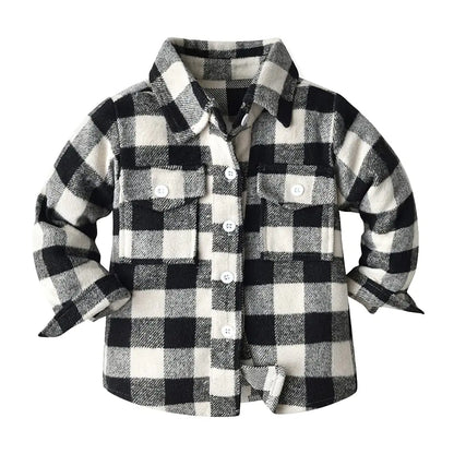 OBEEII Toddler Boys Girls Plaid Flannel Shirts Jacket Long Sleeve Lapel Button Down Shirts Coats Shacket Back to School Christmas Birthday Photoshoot Fall Winter Outerwear for Kids Black 12-18 Months