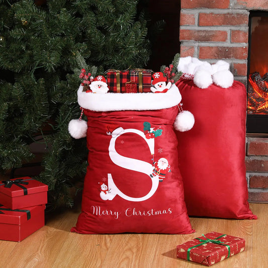 Hillban 20 x 28 Inch Large Christmas Gift Bags Initial Christmas Santa Claus Sack Velvet Gift Bags Personalized Monogram Christmas Gift Bag with Drawstring for Christmas Party Supplies(S)