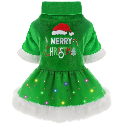 Sebaoyu Dog Christmas Dress Dog Christmas Sweater Dress Female LED Light Winter Dog Sweater for Small Dogs Girl Dog Christmas Outfit Dog Christmas Clothe CostumeCat Puppy Pet Apparel (M，Green)