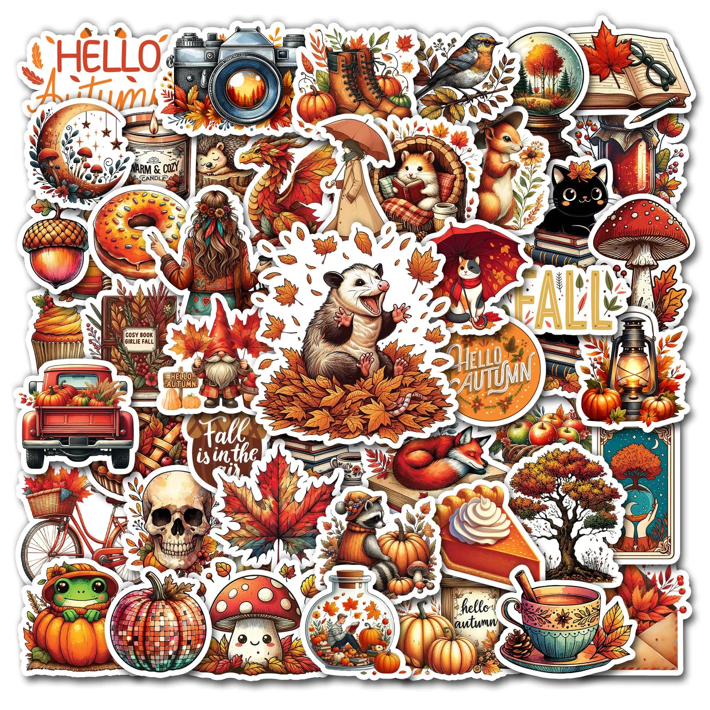 WESILY Pack 50 PCS Thanksgiving Fall Stickers Autumn Pumpkin Maple Leaf Vinyl Decals Decorations Scrapbook Laptop Water Bottles Cards Envelopes Luggage Gifts Party for Kids Teens Adults