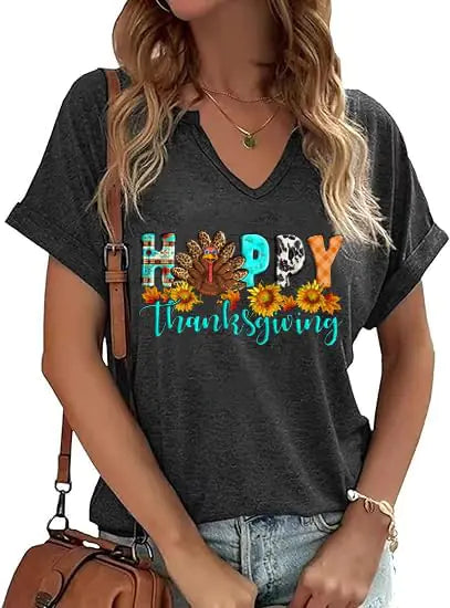 V Neck Fall Shirts for Women Happy Thanksgiving Turkey Graphic Shirts Thankful Grateful Blessed Tops Tee(THR02DGRXX-Large)