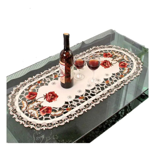 Judy Dre am Brown Rose Embroidered Tablecloth for Thanksgiving ChristmasVintage Floral Cutwork Coffee Table RunnerFlower Lace Small Table Decorations (15"x33" Oval)