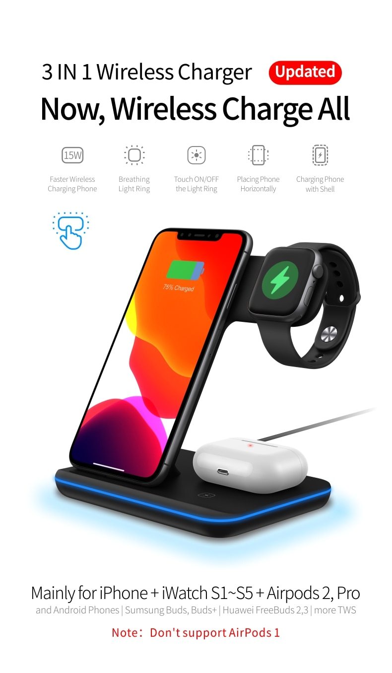 Image of Ninja 15W 3 In 1 Fast Wireless Charging Station For Mobile Phones 309456035 from Edmene LLC