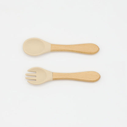 Baby Food Grade Wooden Handles Silicone Spoon Fork Cutlery