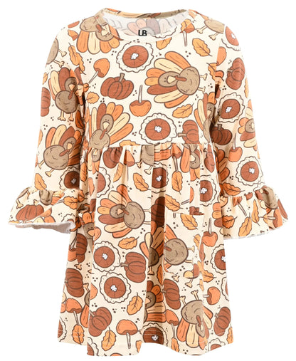 Unique Baby Girls Long Sleeve Ruffled Dresses for Toddlers and Kids 7 Years Thanksgiving Turkey Pie