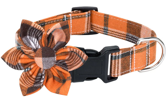 Malier Thanksgiving Dog Collar with Flower Classic Plaid Fall Dog Collar with Buckle Adjustable Thanksgiving Collars with Bow Tie for Small Medium Large Dogs Puppy (Yellow Small)