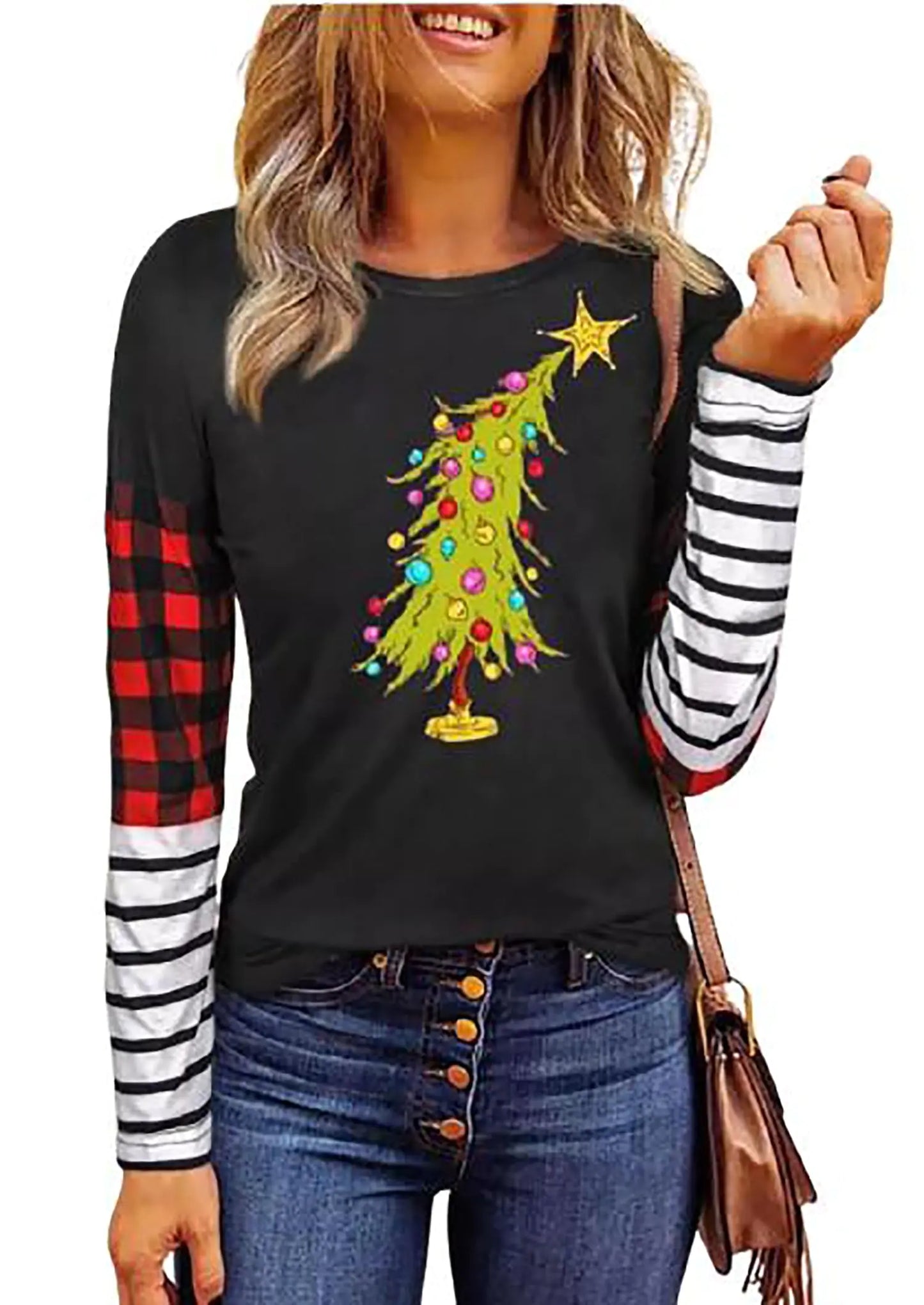Christmas Shirt for Women Cute Christmas Tree Graphic T-Shirt Merry Christmas Shirts Xmas Holiday Long Sleeve Tops（B-Black XXL