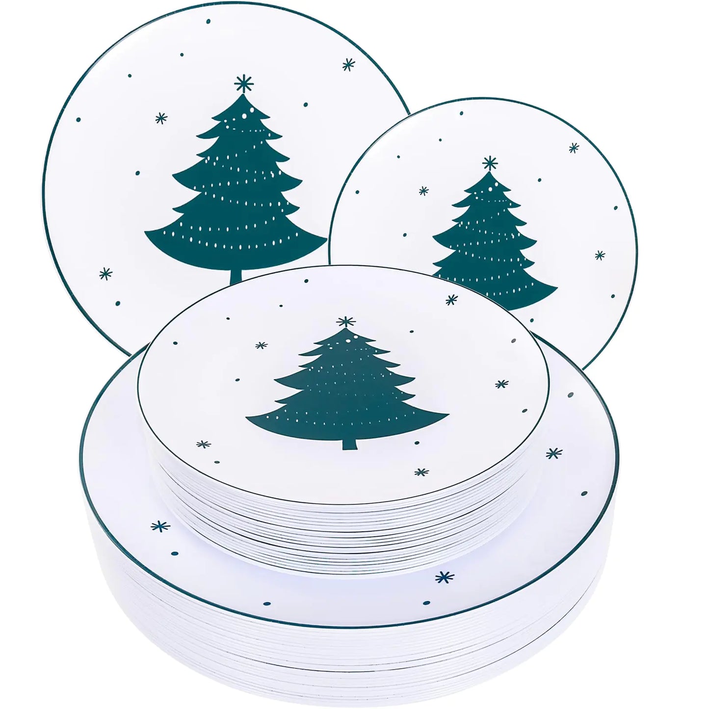 WDF 50 Pieces Christmas Plastic Plates - White Plastic Plates with Christmas Tree - Heavy Duty White and Green Disposable Plates for Christmas