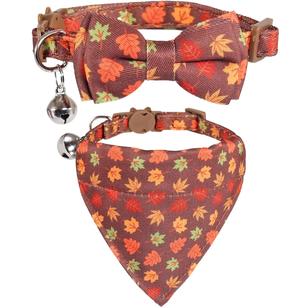 Fall Cat Collar Thanksgiving Day Breakaway with Bow Tie Bandana and Bell Autumn Holiday for Kitty Adjustable Safety