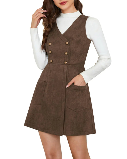 Belle Poque Vintage Suede Pinafore Dress V Neck Sleeveless Thanksgiving Outfit Women Overall Brown Dress Coffee L