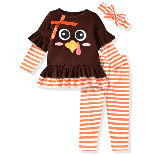 Aalizzwell 5T Toddler Girls Thanksgiving Clothes Turkey Ruffle Tunic Striped Pants Outfit Brown
