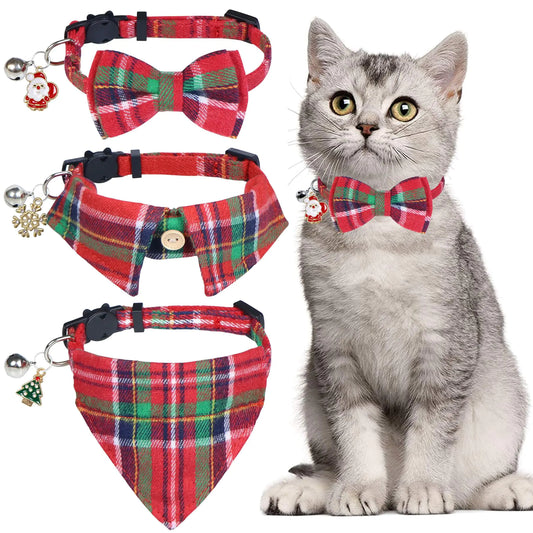 STMK 3 Pack Christmas Cat Collars with Bell Breakaway Christmas Cat Kitten Collars with Bowtie Bandana Shirt Bell Santa Christmas Tree Snowflake for Christmas Cat Costumes Outfits (Red)