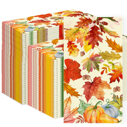 Fall and Thanksgiving Paper Napkins Disposable: Guest Dinner Hand Towels Cocktail Party Decorations Autumn Maple Leaves and Pumpkin Pattern (4.3x7.9 Inches 100 Count)
